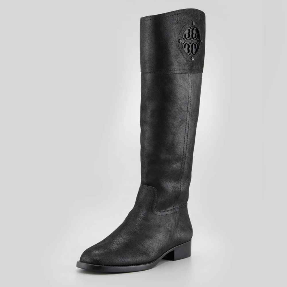 BEAUTIFUL Tory Burch Kiernan Nubuck Logo Riding Leather Black Boots $495+tax!